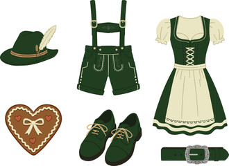 Oktoberfest clothing illustration, traditional Bavarian outfit vector, dirndl dress, lederhosen shorts, alpine h