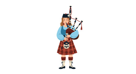 Obraz premium A woman in a Scottish kilt playing the bagpipes on a white background.