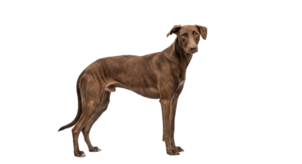 Isolated brown dog, calm and serene, standing in profile on a plain backdrop with ears relaxed
