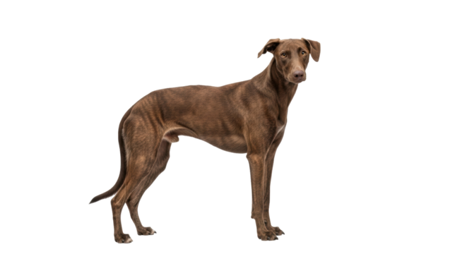 Isolated brown dog, calm and serene, standing in profile on a plain backdrop with ears relaxed