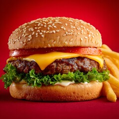 A delicious burger with toppings, sesame seed bun and French fries on red background