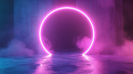 Obraz premium Neon glowing circular portal with vibrant fog