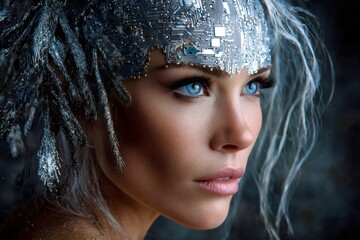 Woman with circuit board headpiece representing artificial intelligence