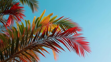 Vibrant top view close-up of underlit palm tree with long red and green leaves against clear blue sky, highlighting tropical plant structure and natural texture in daylight, ideal for nature themes 