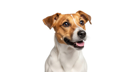 Isolated Jack Russell Terrier dog portrait looking at camera with happy expression indoors