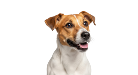 Isolated Jack Russell Terrier dog portrait looking at camera with happy expression indoors
