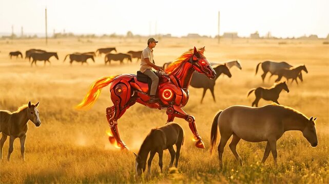 A red fiery cyber robotic horse, the symbol of the year, with a man in the saddle, gallops across a meadow. New Year's concept.