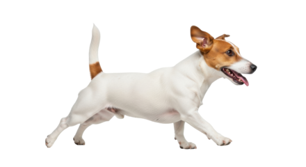Isolated active Jack Russell Terrier, happy dog running, panting with tongue out