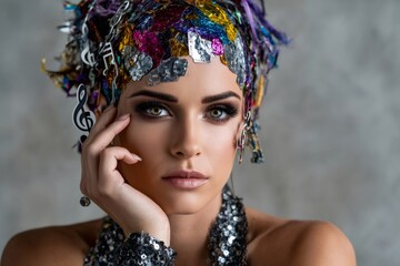 Woman wearing vibrant and musical headpiece portrait