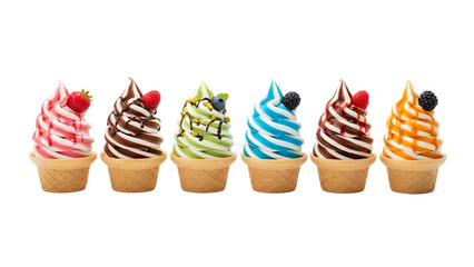Ice cream cones on isolated background. Generative AI, collection of delicious ice cream in waffle cone, isolated on transparent background cutout, png different flavors mockup for design