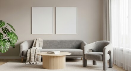 Fototapeta premium Modern living room with gray sofa, armchair, and coffee table, decorated with plants and artwork on the wall