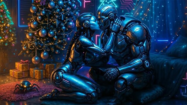 A married couple of android robots, a man and a woman, kissing near a New Year's tree. New Year's concept.
