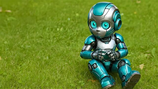 A small robot child sits on green grass in a park. Concept of the future.