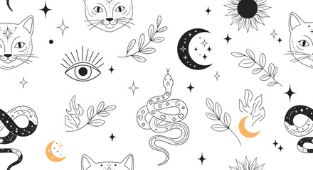 Mystical creatures and celestial symbols in a seamless pattern.
