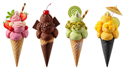 Ice cream cones on isolated background. Generative AI, collection of delicious ice cream in waffle cone, isolated on transparent background cutout, png different flavors mockup for design