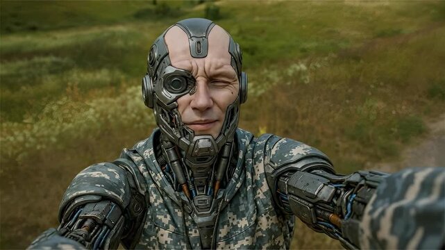 A cybernetic android robot takes a selfie while squinting in the sun.