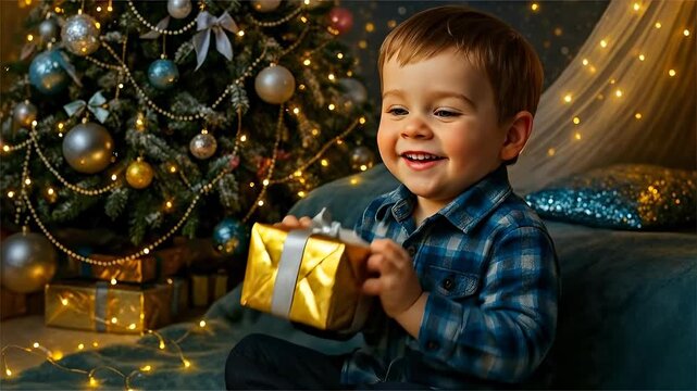 A little boy with a gift in his hands sits on the floor near a Christmas tree. New Year concept