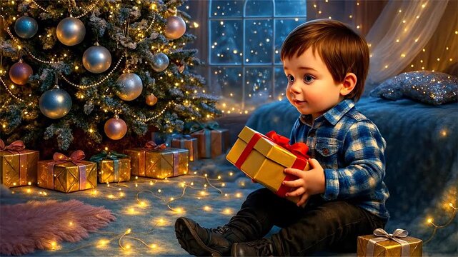A little boy with a gift in his hands sits on the floor near a Christmas tree. New Year concept