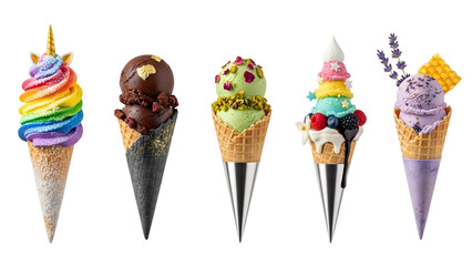 Ice cream cones on isolated background. Generative AI, collection of delicious ice cream in waffle cone, isolated on transparent background cutout, png different flavors mockup for design