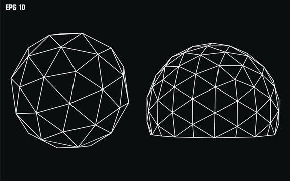 Geodesic Dome Wireframe Vector – Abstract Geometric Sphere and Hemisphere Structure, Futuristic Architectural Design, Polygon Mesh Illustration for Engineering, Science, and Modern Graphics