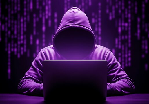 Anonymous Hacker Silhouette Working on a Laptop with Purple Digital Background - Powered by Adobe
