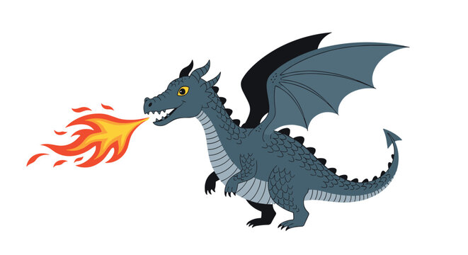 A fierce grey dragon breathes fire with large wings spread wide.