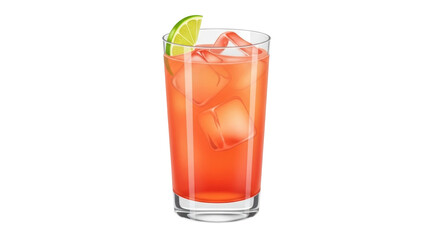 Isolated reddish cocktail drink with ice cubes and lime wedge, glass, freshness, refreshing