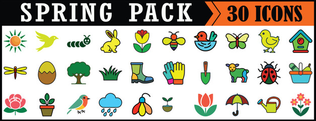 Fototapeta premium Spring icons pack with flowers and animals. 