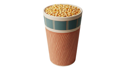 Isolated cup full of yellow dry corn kernels ready to pop, uncooked for popcorn, still-life
