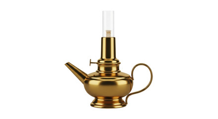 Isolated antique oil lamp, ornate metal fixture with elegant handle, magical object