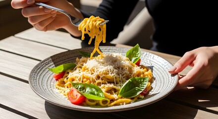 Woman enjoying a delicious plate of spaghetti pasta.