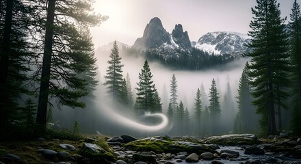 Mystical Light Trail in a Foggy Mountain Forest.