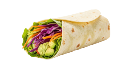 Isolated wrap, healthy vegan veggie burrito with lettuce, carrots, avocado and red cabbage