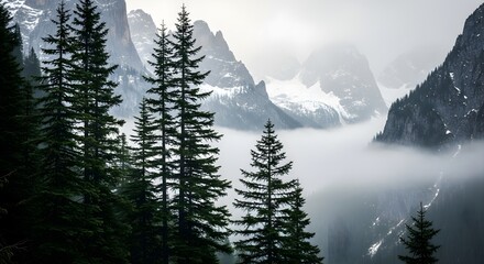 Misty Mountain Valley with Pine Trees.