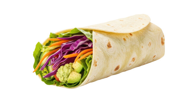 Isolated wrap, healthy vegan veggie burrito with lettuce, carrots, avocado and red cabbage