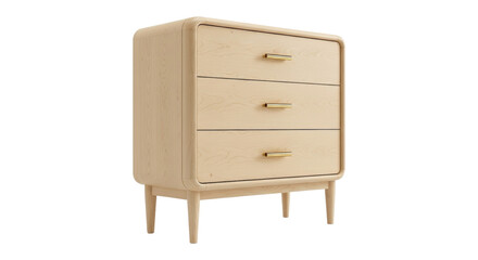 Isolated beige wood nightstand with three drawers and gold pulls for bedroom storage