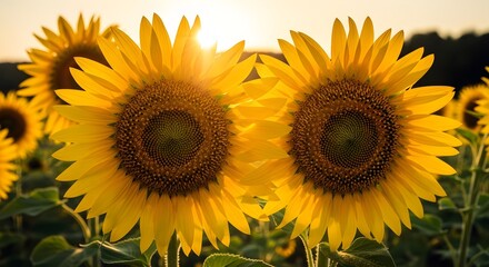 Two Sunflowers in a Field at Sunset.