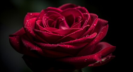 Deep Red Rose with Dew Drops on Black Background.