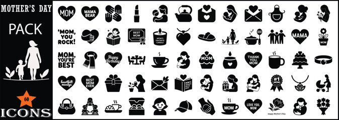 Black and white Mother’s Day icons vector set.
