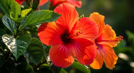 Vibrant Red and Orange Hibiscus Flowers Blooming.