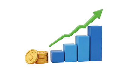 Isolated money stack near upswing chart symbolizes profit growth and wealth accumulation