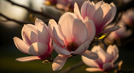 Pink Magnolia Flowers Blooming in Spring Sunlight.