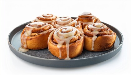 delicious cinnamon rolls with icing and caramel toppings on white background