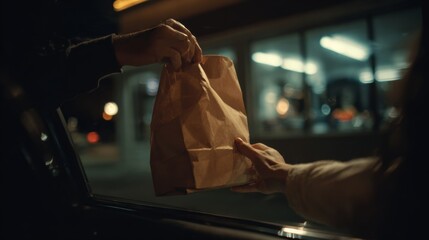 Hands exchanging a paper takeout bag through a car window at night. Concept of fast food, drive-thru service and food delivery convenience.