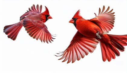 vibrant cardinal birds in flight and perched on white background