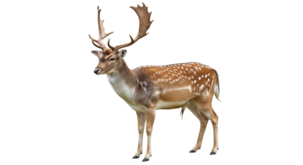 Isolated fallow deer stag portrait, standing, with brown fur and white spots, antlers