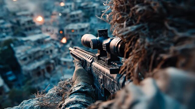 A sniper in full winter camouflage aims through the scope in a snowy forest. The cold atmosphere and focused pose create a tense and cinematic war scene.