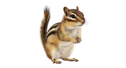 Isolated cute chipmunk standing upright, a small rodent with brown fur and striped back