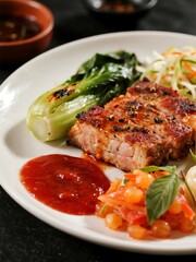 Miso powder and pepper crusted pork over charred bok choy with pickled bamboo slaw, yuzu marinated pearl onions, thai basil and plum sauce