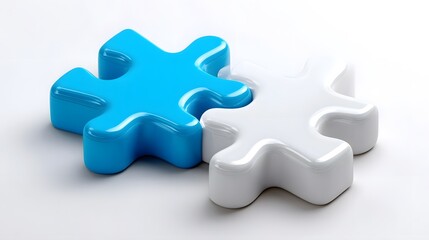 Fototapeta premium Two interlocking puzzle pieces, one in a vibrant blue and the other in a neutral white, represent the concept of working together and achieving success through coope n and complementary strengths.